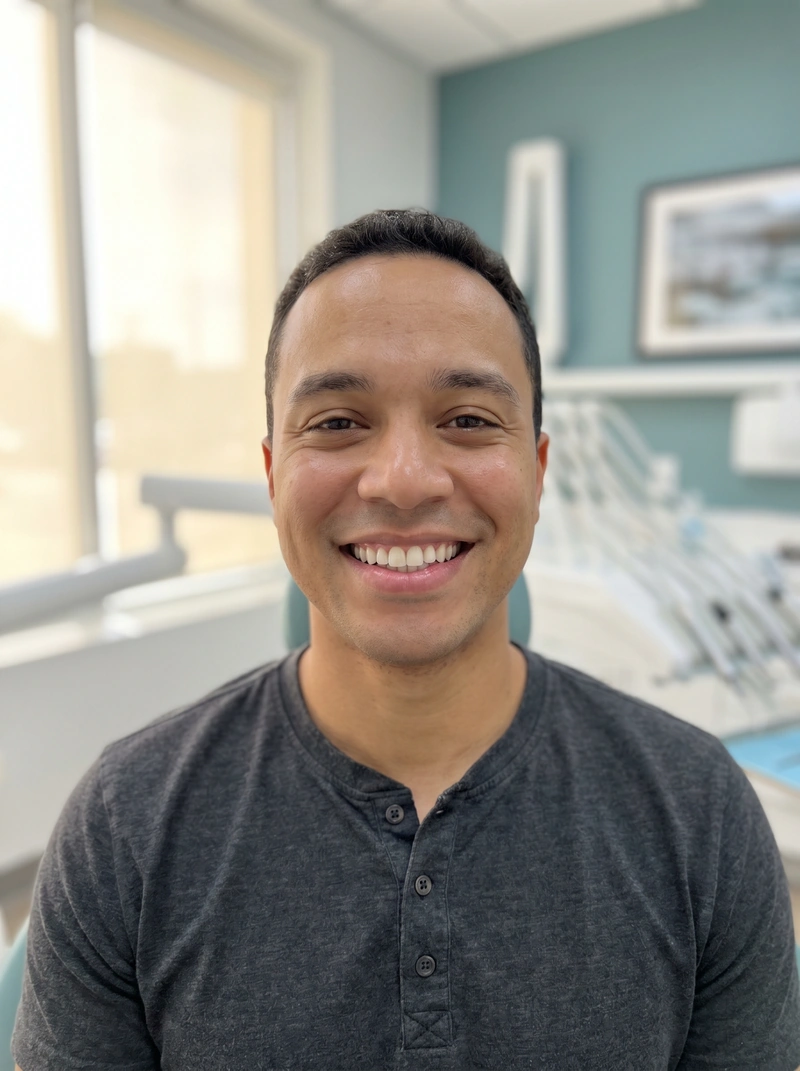 Relieved South Austin patient smiling after emergency dental treatment at myDental Ben White
