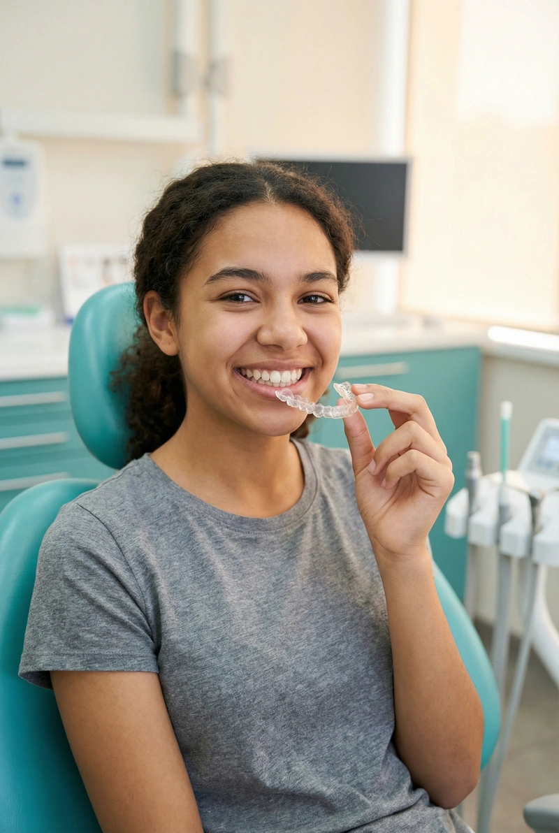 Teen patient smiling while holding Invisalign clear aligner at myDental
