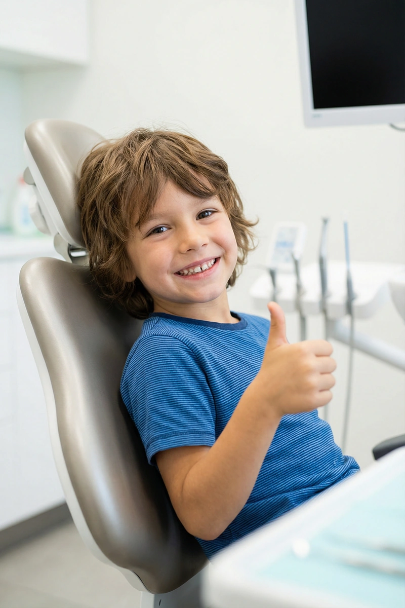 Smiling child giving a thumbs up after a successful pediatric dental visit
