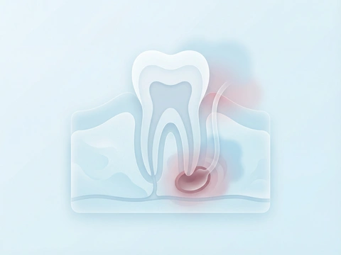 Illustration of dental abscess treatment showing infection drainage at the tooth root