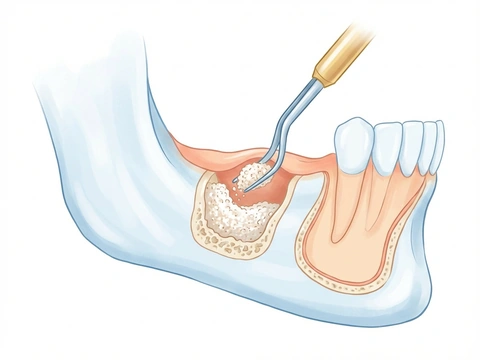 Illustration of bone graft material being placed in the jawbone to prepare the site for a dental implant