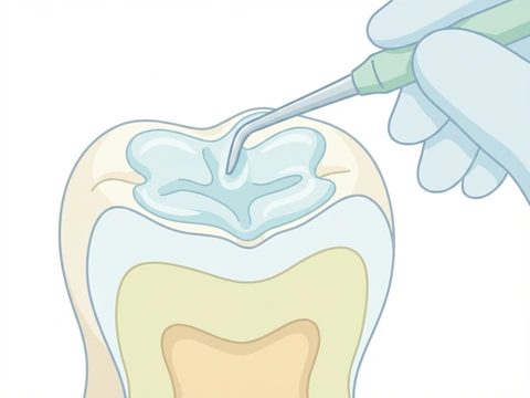 Protective dental sealant being applied to the chewing surface of a child's molar